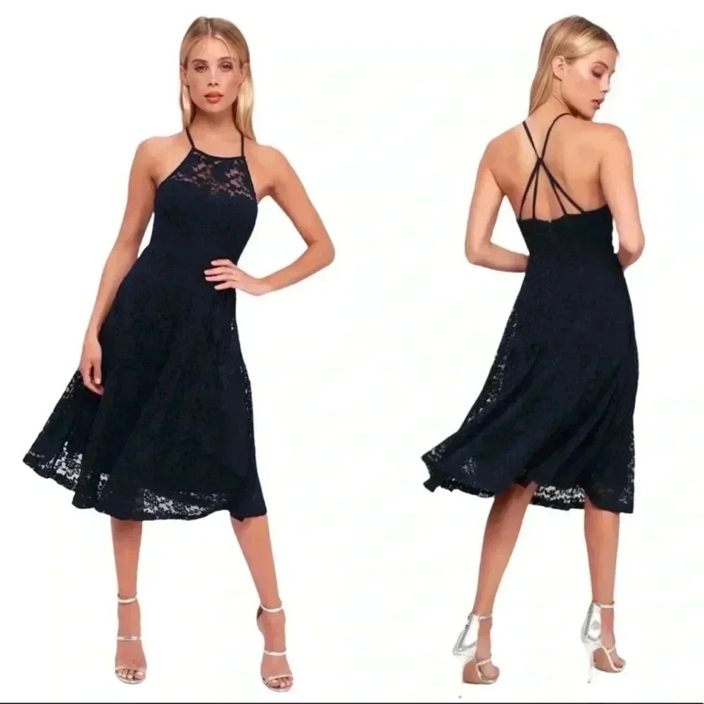 Lulu’s NWT My Kingdom Navy Blue Lace Strappy‎ Back Midi Dress Womens Size…